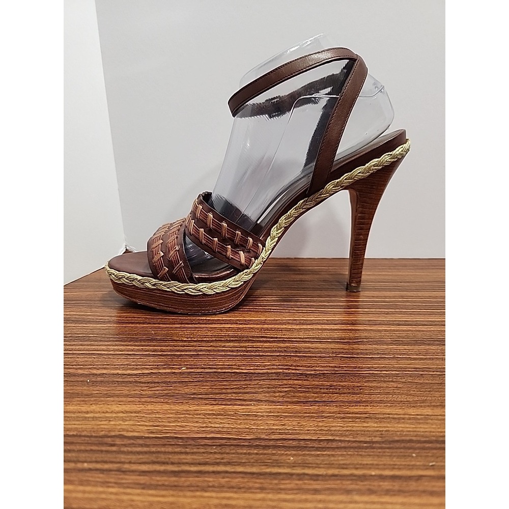 Cole Haan Vanessa Air Brown Woven Leather Stiletto Heels Sandals 9.5 Ankle Strap - Picture 3 of 10